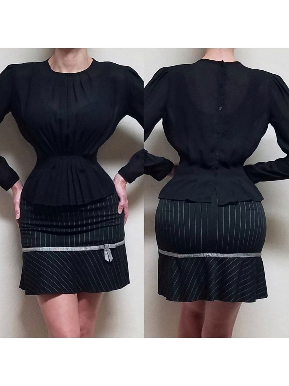 VINTAGE 60s First Chance Sheer Black Blousen Peplum Top Pinstripe Mini Skirt Set